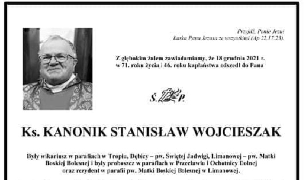 Zmarł ks. Kanonik Stanisław Wojcieszak.